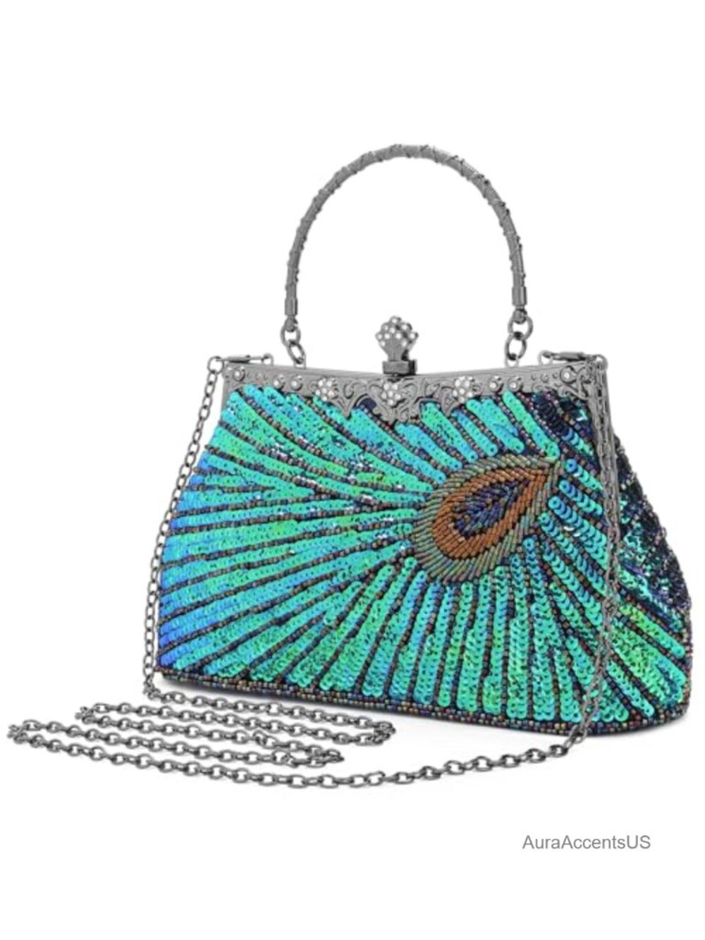 Beaded Sequin Peacock Evening Clutch Vintage Chain Kiss Lock Bridal Purse